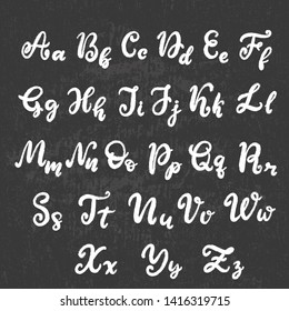 Alphabet in English. Hand drawn typeface, lettering script font. Letters handwritten in modern calligraphy style for logo design, poster, print. Vector illustration EPS10 with chalk texture.