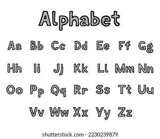 Alphabet of English letters. Black and white doodles isolated on white background. Hand drawn outline style. Lettering sketch. Cartoon characters. Ink illustration
