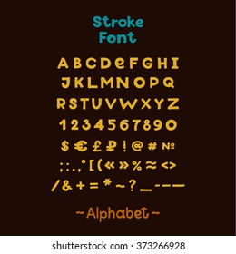 Alphabet. English Sloppy Fat Stroke Font Letters. Capital letters, numbers and special symbols. 