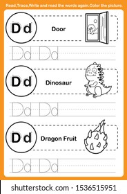 Alphabet exercise with cartoon vocabulary for coloring book illustration, vector