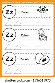 Alphabet exercise with cartoon vocabulary for coloring book illustration, vector