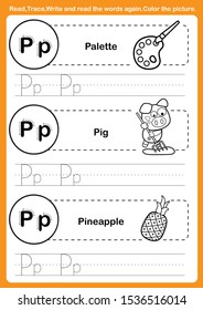 Alphabet exercise with cartoon vocabulary for coloring book illustration, vector