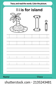 Alphabet i exercise with cartoon vocabulary for coloring book illustration, vector