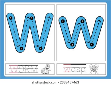 Alphabet exercise with cartoon vocabulary for coloring book illustration, vector