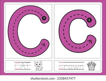 Alphabet exercise with cartoon vocabulary for coloring book illustration, vector