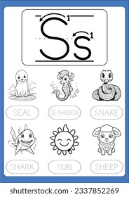 Alphabet exercise with cartoon vocabulary for kids illustration, vector