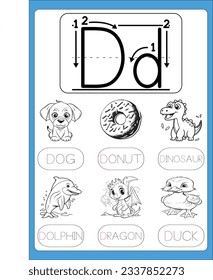 Alphabet exercise with cartoon vocabulary for kids illustration, vector