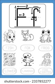 Alphabet exercise with cartoon vocabulary for kids illustration, vector