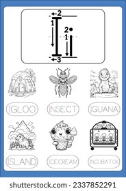 Alphabet exercise with cartoon vocabulary for kids illustration, vector