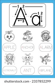 Alphabet exercise with cartoon vocabulary for kids illustration, vector