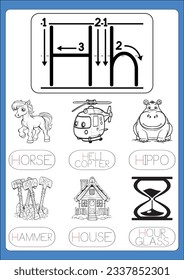 Alphabet exercise with cartoon vocabulary for kids illustration, vector