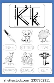 Alphabet exercise with cartoon vocabulary for kids illustration, vector