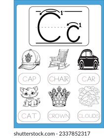 Alphabet exercise with cartoon vocabulary for kids illustration, vector