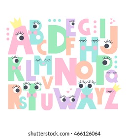 Alphabet with eyes and lashes on white background. Cute abc design for book cover, poster, card, print on baby's clothes, pillow etc. Pastel colors letters composition.