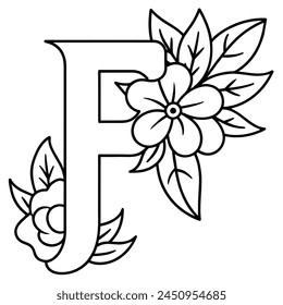 Alphabet F coloring page with the flower, F letter digital outline floral coloring page, ABC coloring page