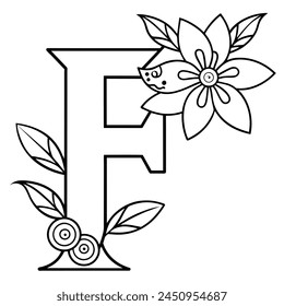 Alphabet F coloring page with the flower, F letter digital outline floral coloring page, ABC coloring page