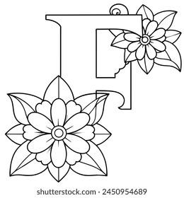 Alphabet F coloring page with the flower, F letter digital outline floral coloring page, ABC coloring page