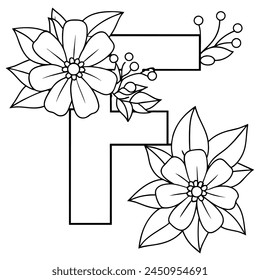 Alphabet F coloring page with the flower, F letter digital outline floral coloring page, ABC coloring page