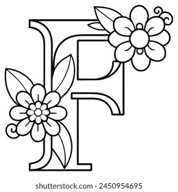 Alphabet F coloring page with the flower, F letter digital outline floral coloring page, ABC coloring page