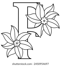 Alphabet F coloring page with the flower, F letter digital outline floral coloring page, ABC coloring page