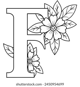 Alphabet F coloring page with the flower, F letter digital outline floral coloring page, ABC coloring page