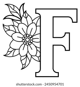 Alphabet F coloring page with the flower, F letter digital outline floral coloring page, ABC coloring page