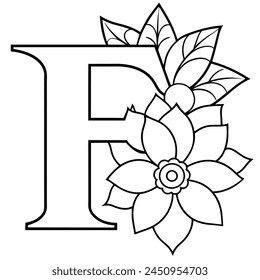 Alphabet F coloring page with the flower, F letter digital outline floral coloring page, ABC coloring page