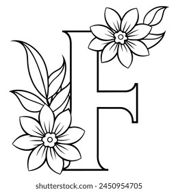 Alphabet F coloring page with the flower, F letter digital outline floral coloring page, ABC coloring page