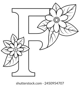 Alphabet F coloring page with the flower, F letter digital outline floral coloring page, ABC coloring page