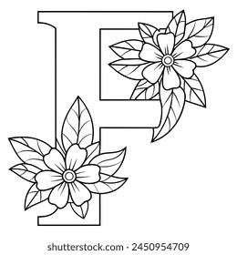 Alphabet F coloring page with the flower, F letter digital outline floral coloring page, ABC coloring page