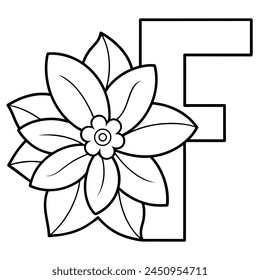 Alphabet F coloring page with the flower, F letter digital outline floral coloring page, ABC coloring page