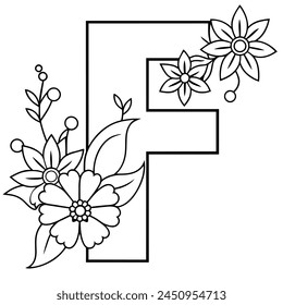 Alphabet F coloring page with the flower, F letter digital outline floral coloring page, ABC coloring page