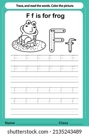 Alphabet f exercise with cartoon vocabulary for coloring book illustration, vector