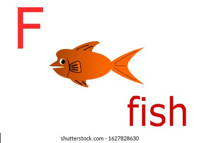 Alphabet ''F'' with fish cartoon for children or kids for learning basic english letters on white background.