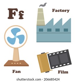 Alphabet F letter.Factory,Fan,film