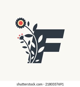 Ilustración vectorial del diseño del logotipo de Alphabet F con flores