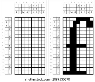 Alphabet F Lowercase Nonogram Pixel Art, Character F, Language Letter Graphemes Symbol Vector Art Illustration, Logic Puzzle Game Griddlers, Pic-A-Pix, Picture Paint By Numbers, Picross