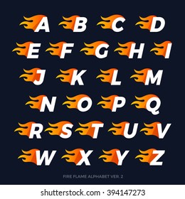 Alphabet fire letters set. Burning flame design element. Corporate branding identity design template on dark blue background. ABC letters collection. Vector illustration