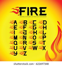 Alphabet fire letters set. Burning flame design element. Corporate branding identity design template on white background. ABC letters collection. Isolated Vector illustration