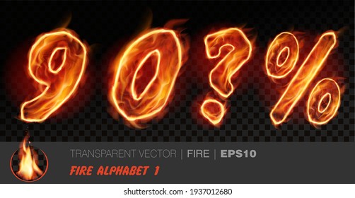 Alphabet Of Fire. Transparent Realistic Vector On Dark Background. Fiery Font With Light Effect For Your Text. Letters 90