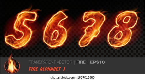 Alphabet Of Fire. Transparent Realistic Vector On Dark Background. Fiery Font With Light Effect For Your Text. Letters 5678