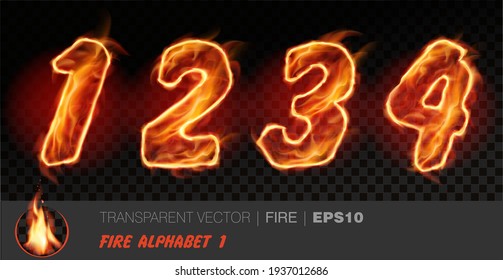 Alphabet Of Fire. Transparent Realistic Vector On Dark Background. Fiery Font With Light Effect For Your Text. Letters 1234