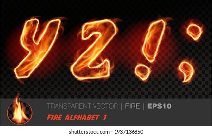 Alphabet Of Fire. Transparent Realistic Vector On Dark Background. Fiery Font With Light Effect For Your Text. Letters YZ