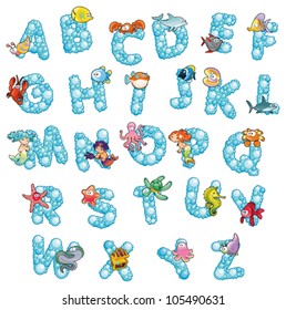 Alphabet with fish and bubbles. Funny cartoon and vector isolated letters.