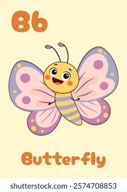 Alphabet flash card for kids. Cartoon butterfly illustration for teaching the alphabet. Perfect for children's educational preschool learning materials . Letter B. Vector art.