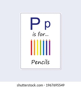 Alphabet flash card with multicolored pencils. Cartoon flat style. Vector illustration