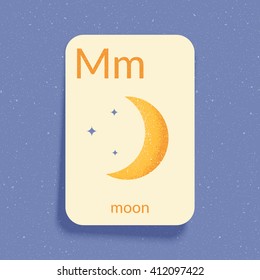 Alphabet Flash Card for play and Education. Letter "M" is for Moon. Vintage design illustration. Easy printable. Eps10 vector illustration.