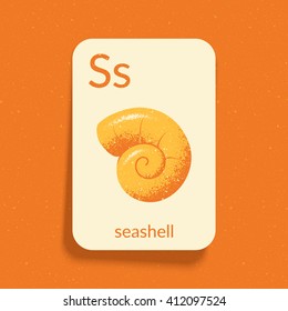 Alphabet Flash Card for play and Education. Letter "S" is for Seashell. Vintage design illustration. Easy printable. Eps10 vector illustration.