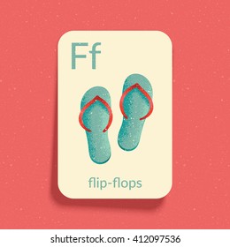 Alphabet Flash Card for play and Education. Letter "F" is for Flip-flops. Vintage design illustration. Easy printable. Eps10 vector illustration.