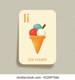 Alphabet Flash Card for play and Education. Letter "I" is for Ice Cream. Vintage design illustration. Easy printable. Eps10 vector illustration.